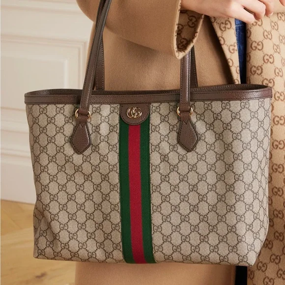 Gucci Beige Monogram Tote with Green and Red Web Stripe and Brown Trim - Picture 2 of 16